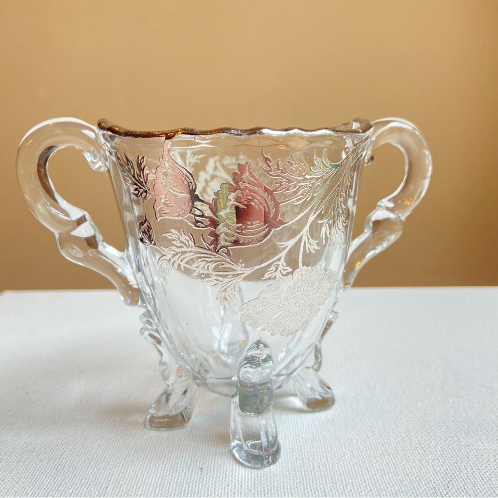 Silver City Glass Flanders silver overlay pattern open footed sugar bowl Vintage